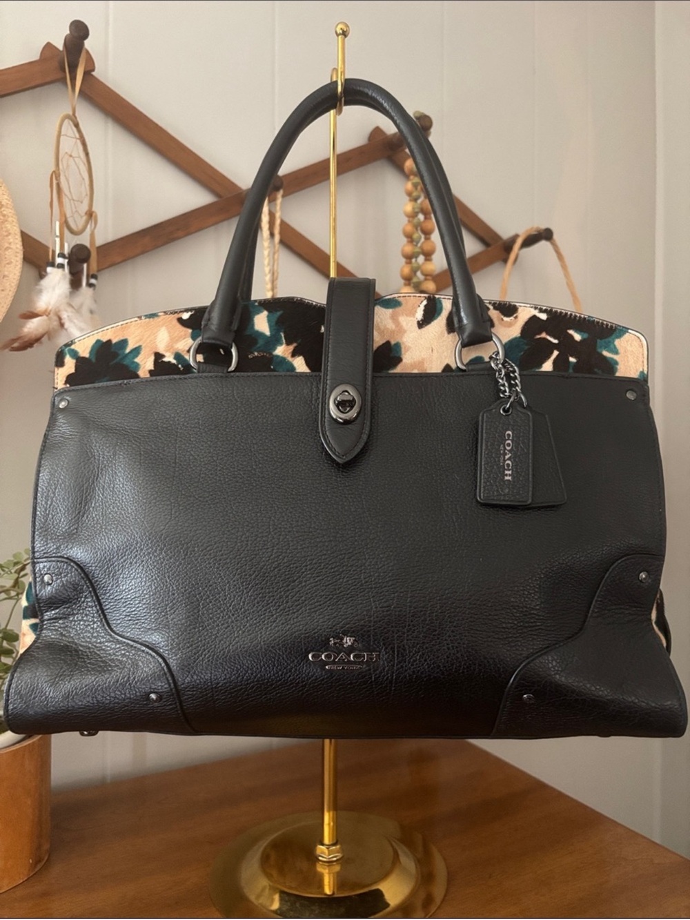 Coach Black Leather Satchel with Floral calf hair  Canvas Accents